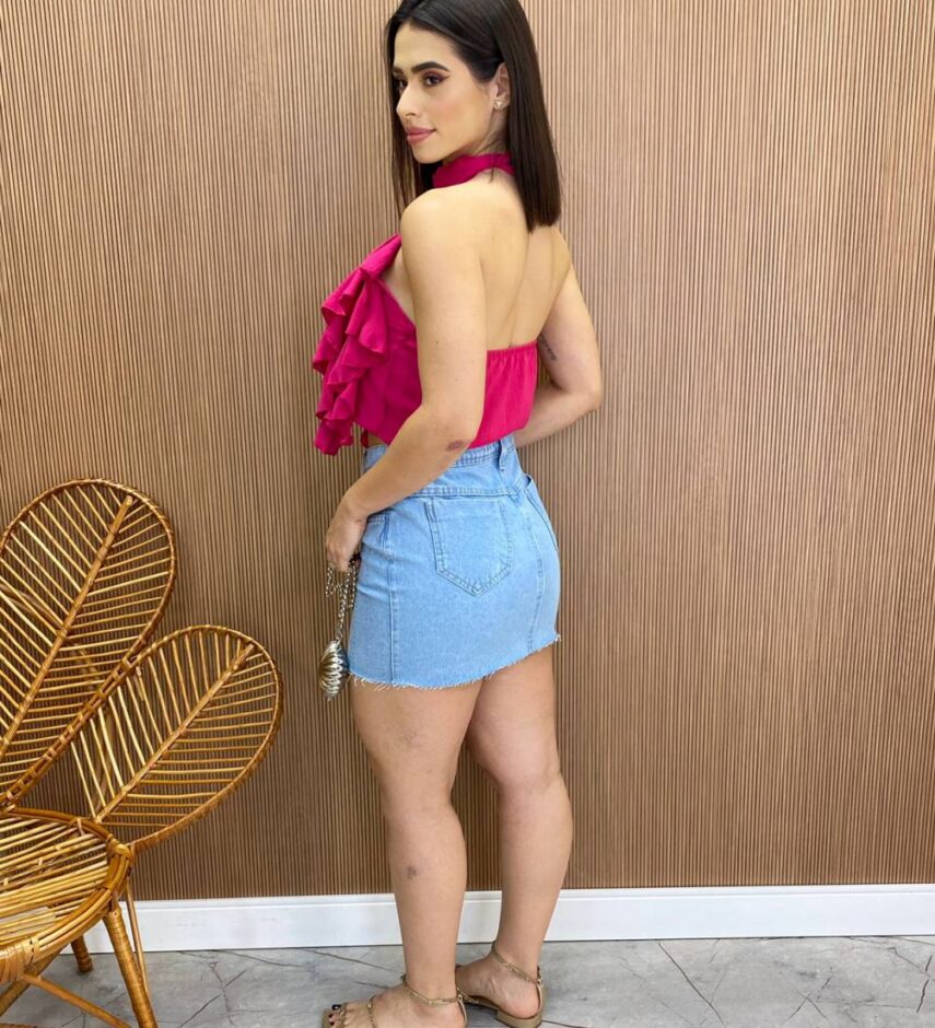 Cropped Feminino sem Bojo Frente Única com Babado Pink - Fernanda Ramos Store