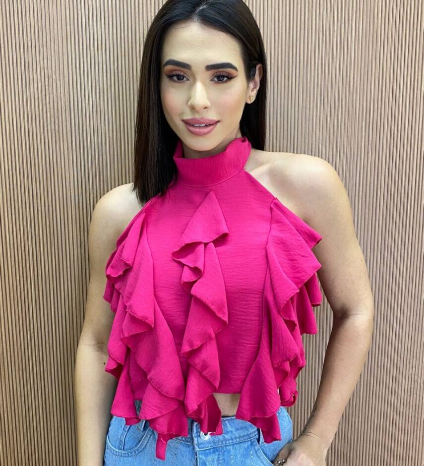 Cropped Feminino sem Bojo Frente Única com Babado Pink - Fernanda Ramos Store