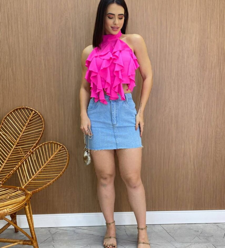 Cropped Feminino sem Bojo Frente Única com Babado Pink Flúor - Fernanda Ramos Store