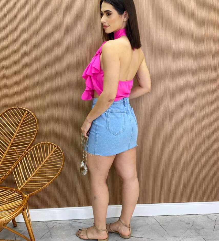 Cropped Feminino sem Bojo Frente Única com Babado Pink Flúor - Fernanda Ramos Store