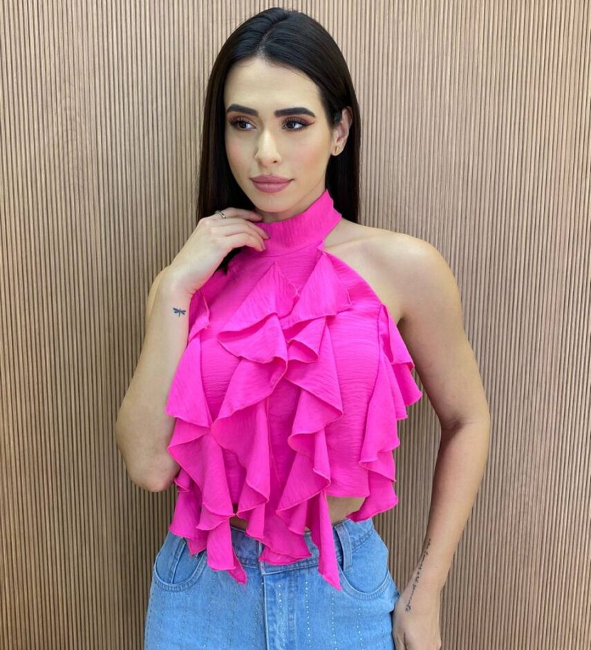Cropped Feminino sem Bojo Frente Única com Babado Pink Flúor - Fernanda Ramos Store