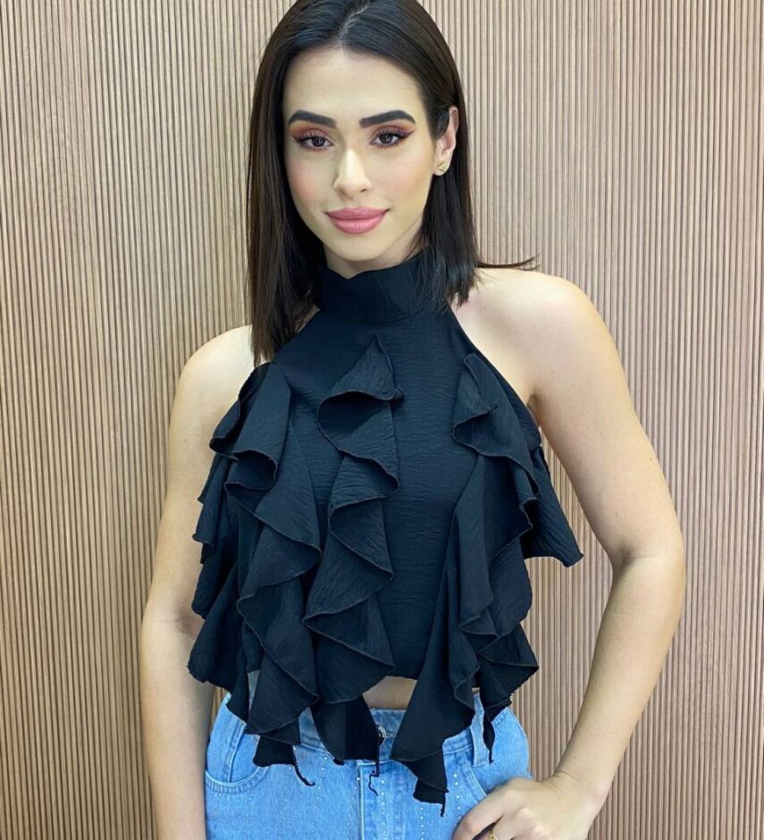Cropped Feminino sem Bojo Frente Única com Babado Preto - Fernanda Ramos Store
