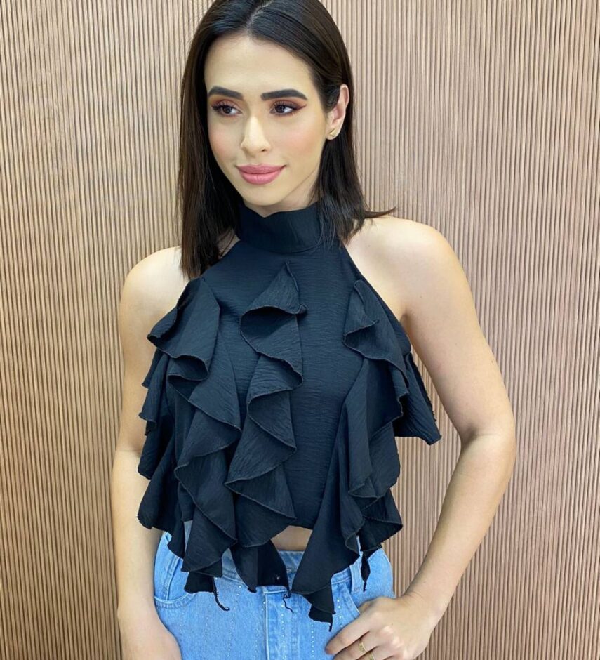 Cropped Feminino sem Bojo Frente Única com Babado Preto - Fernanda Ramos Store