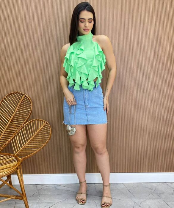 Cropped Feminino sem Bojo Frente Única com Babado Verde - Fernanda Ramos Store