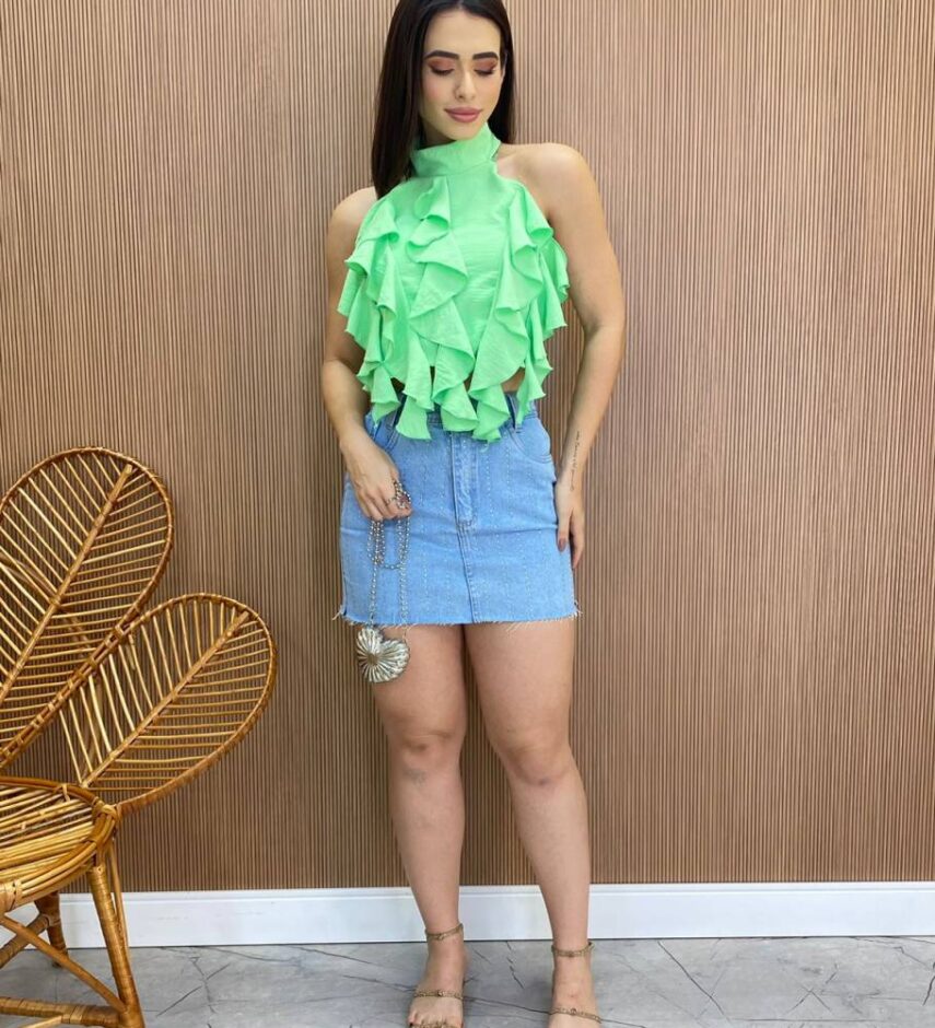 Cropped Feminino sem Bojo Frente Única com Babado Verde - Fernanda Ramos Store