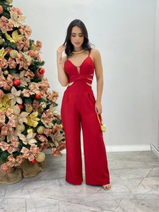 Macacão Longo Feminino com Bojo e Abertura Vermelho - Fernanda Ramos Store