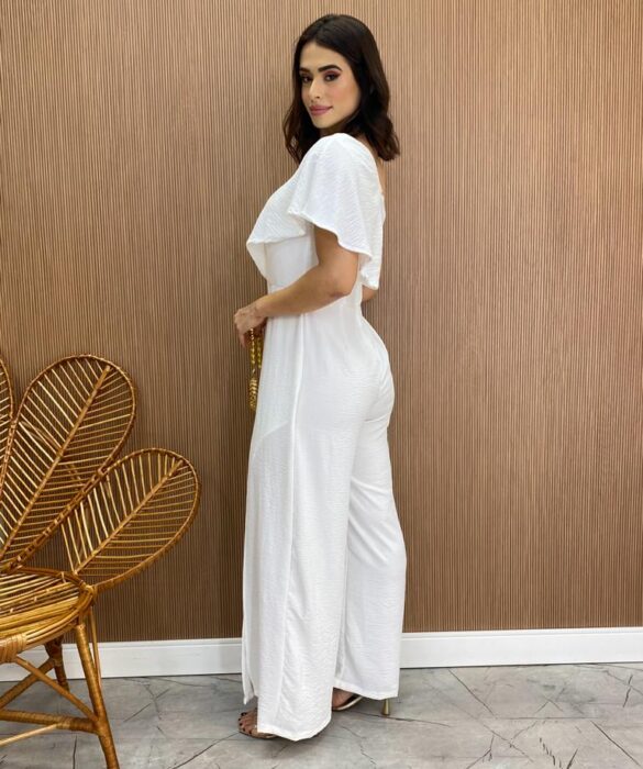 Macacão Longo Feminino com Bojo Nula Manga Branco - Fernanda Ramos Store