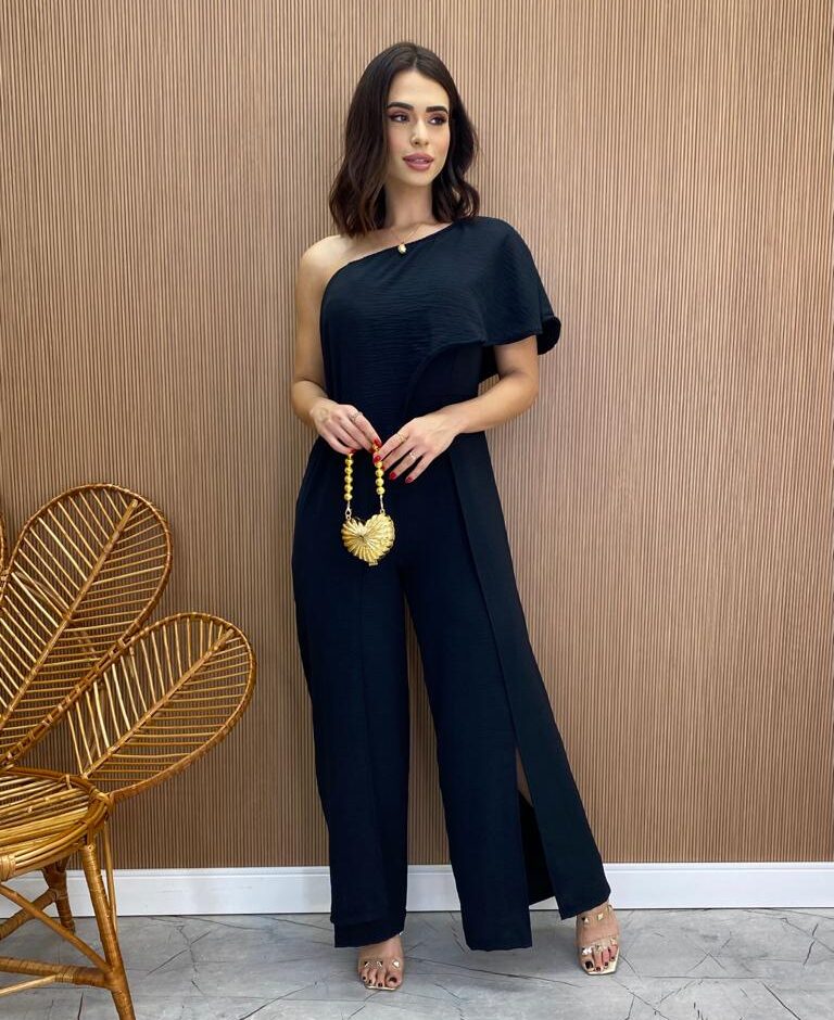 Macacão Longo Feminino com Bojo Nula Manga Preto - Fernanda Ramos Store