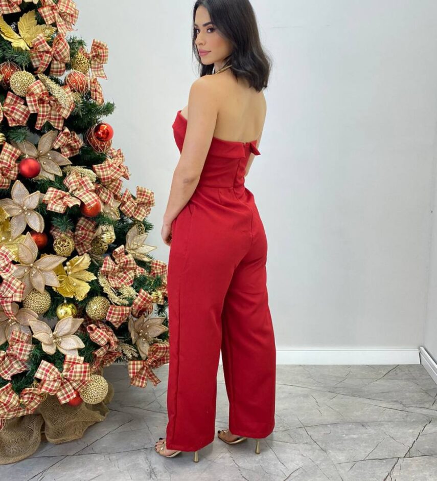 Macacão Longo Feminino Tomara que Caia com Bojo Vermelho - Fernanda Ramos Store