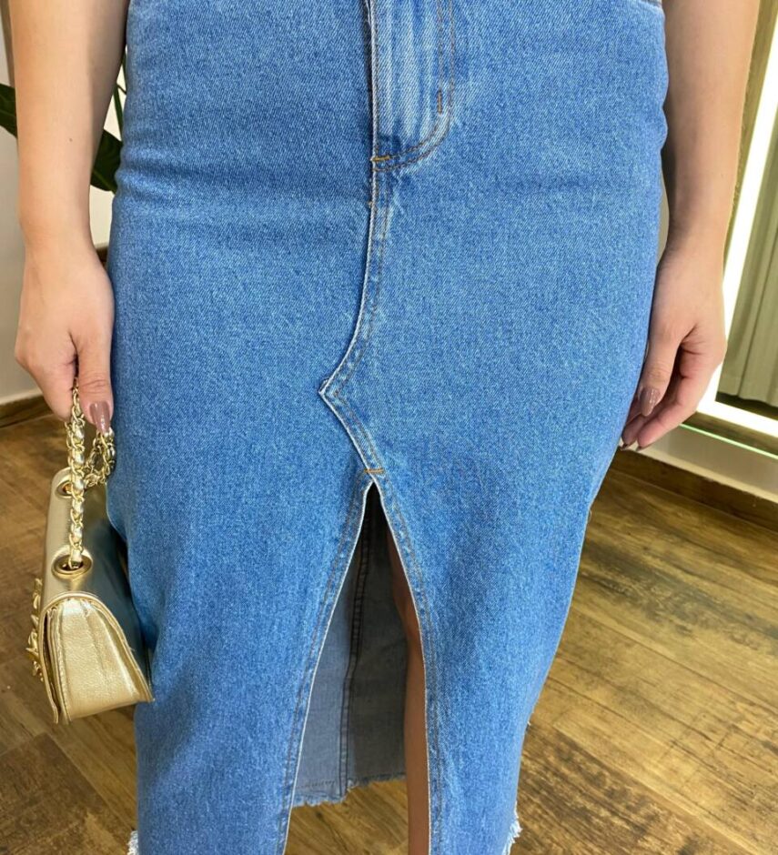 Saia Feminina Midi Jeans Juliana com Fenda - Fernanda Ramos Store