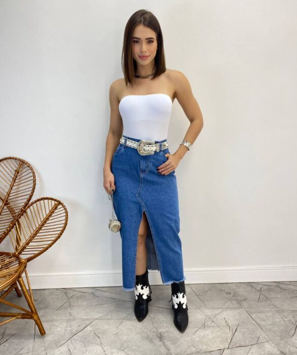 Saia Feminina Midi Jeans Juliana com Fenda - Fernanda Ramos Store