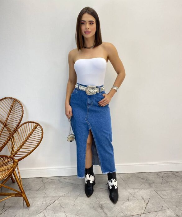 Saia Feminina Midi Jeans Juliana com Fenda - Fernanda Ramos Store