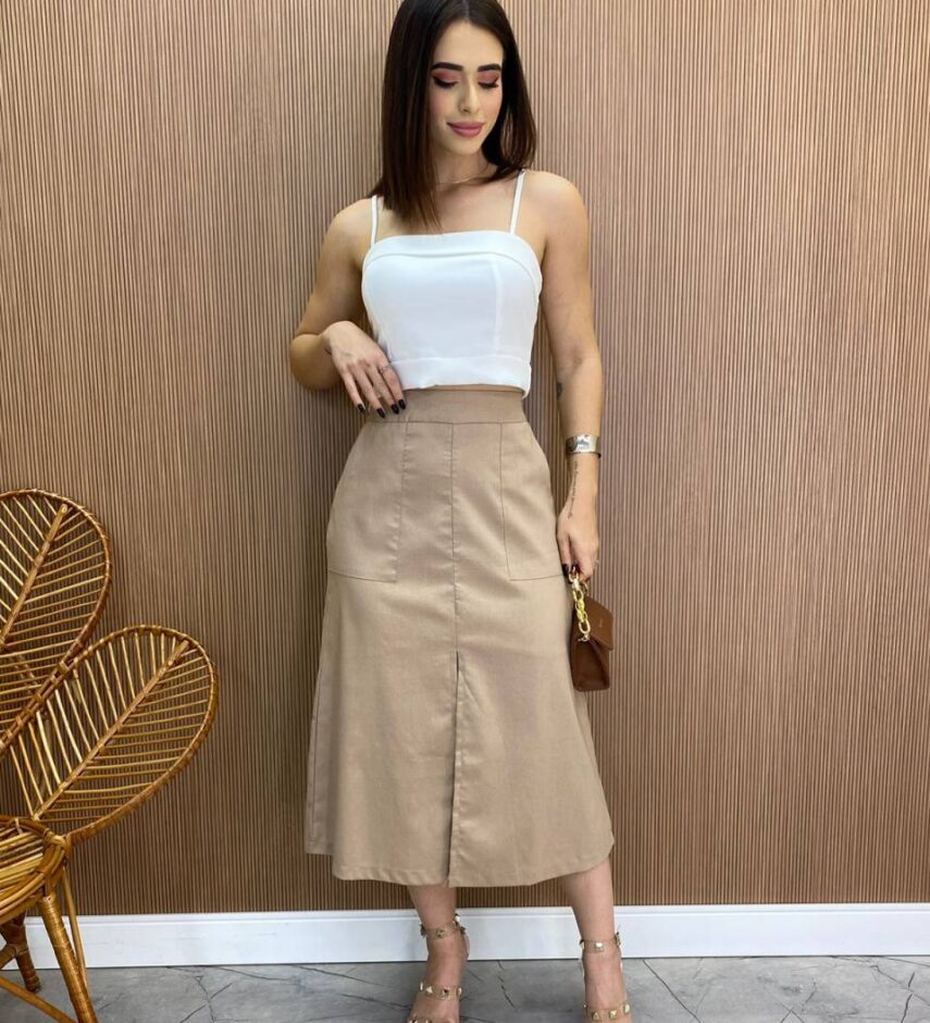 Saia Midi Feminina Maitê Viscolinho Terra - Fernanda Ramos Store