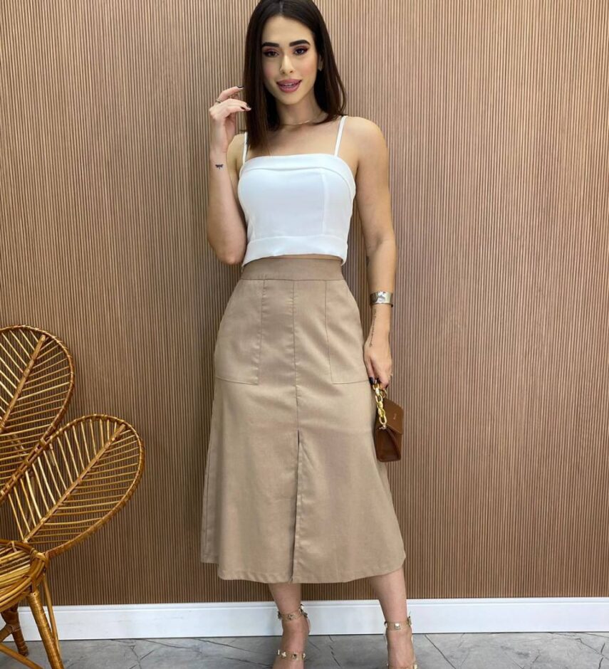 Saia Midi Feminina Maitê Viscolinho Terra - Fernanda Ramos Store