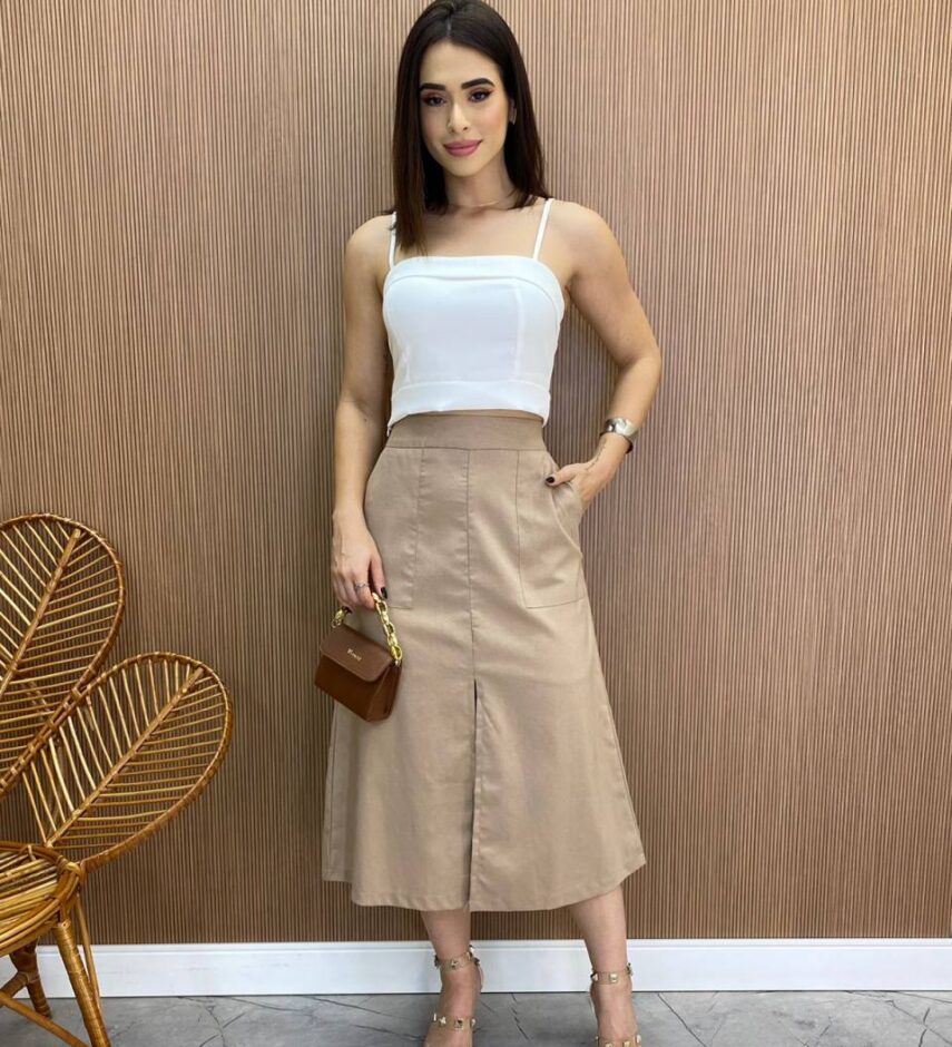Saia Midi Feminina Maitê Viscolinho Terra - Fernanda Ramos Store