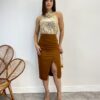 Saia Midi Feminina Stella Alfaiataria com Fenda Caramelo - Fernanda Ramos Store