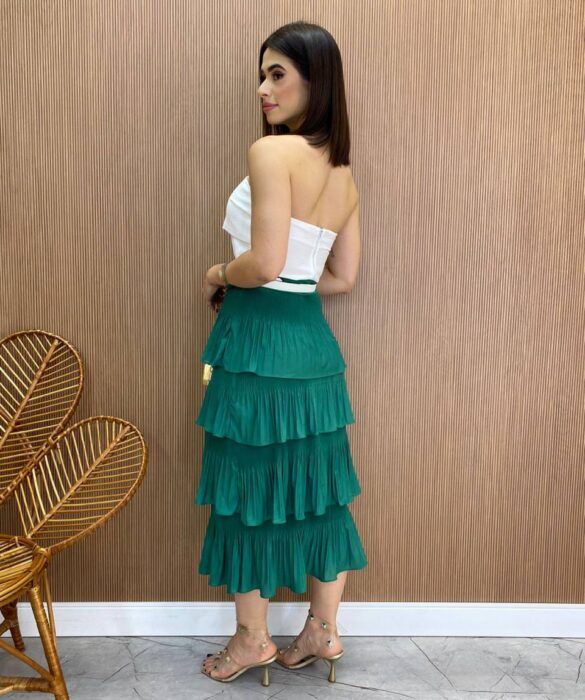 Saia Midi Melissa Plissada em Camadas Verde - Fernanda Ramos Store