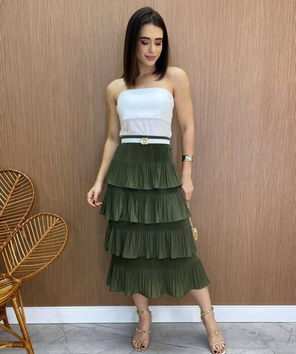 Saia Midi Melissa Plissada em Camadas Verde Militar - Fernanda Ramos Store