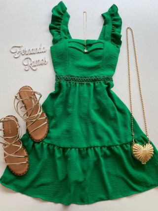 Vestido Curto Manuela com Bojo Verde Babado nas Alças - Fernanda Ramos Store