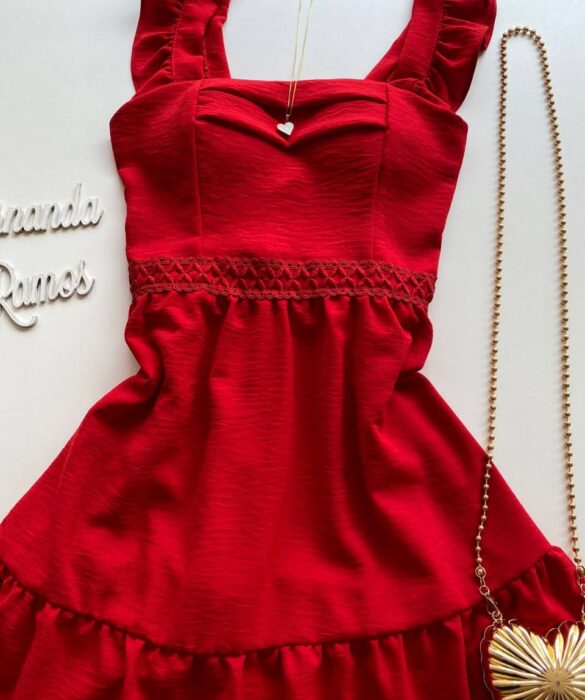 Vestido Curto Manuela com Bojo Vermelho Babado nas Alças - Fernanda Ramos Store