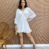 Vestido Curto sem Bojo com Decote em V Manga Flare Branco - Fernanda Ramos Store