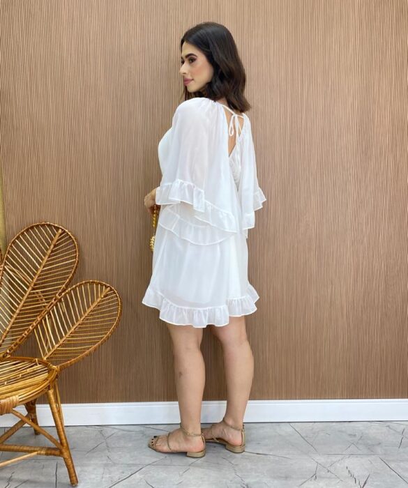 Vestido Curto sem Bojo com Decote em V Manga Flare Branco - Fernanda Ramos Store