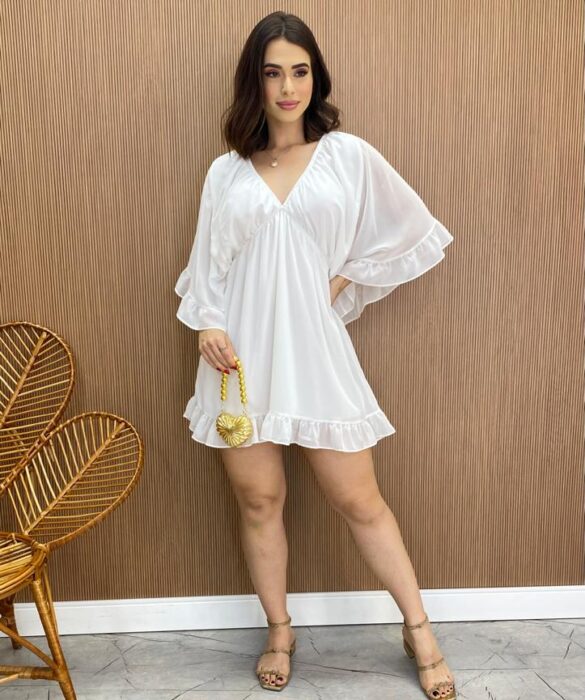 Vestido Curto sem Bojo com Decote em V Manga Flare Branco - Fernanda Ramos Store