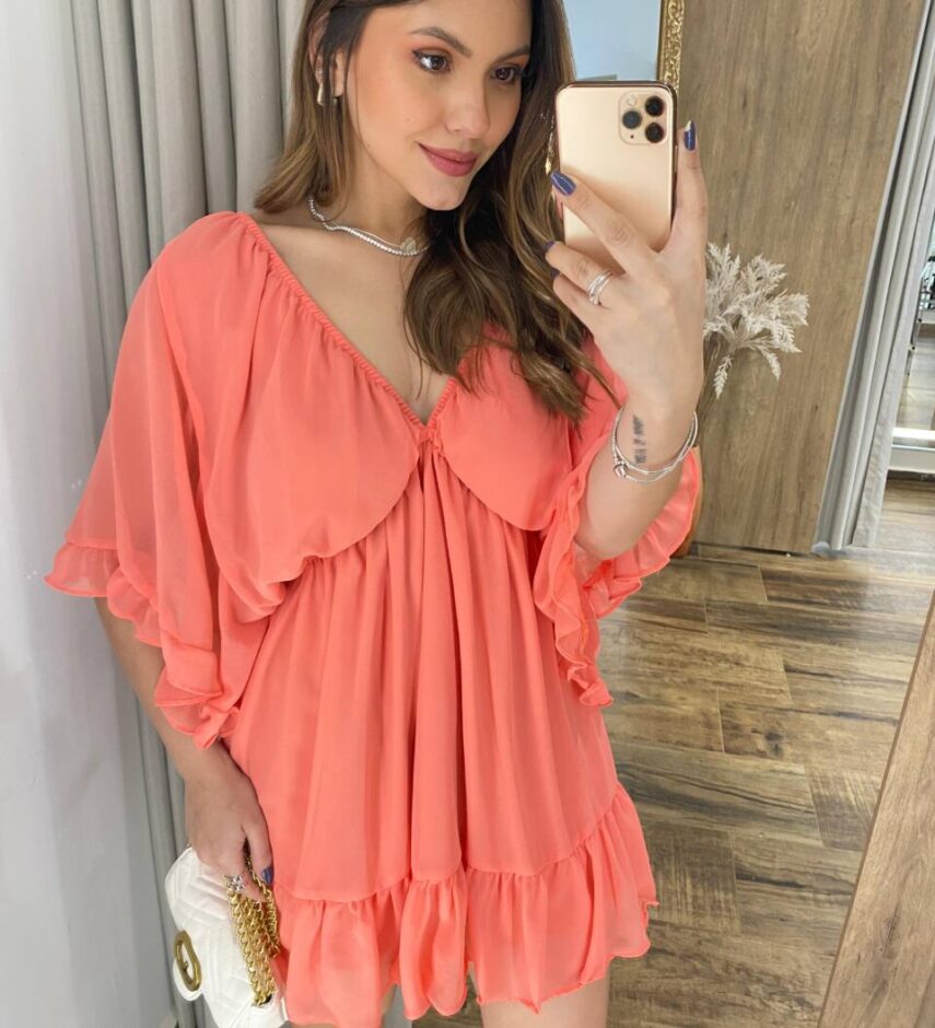 Vestido Curto sem Bojo com Decote em V Manga Flare Salmão - Fernanda Ramos Store