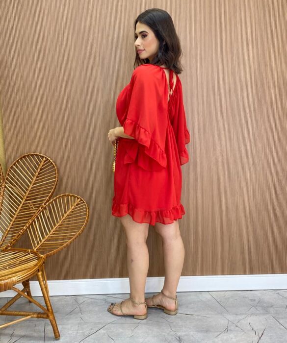 Vestido Curto sem Bojo com Decote em V Manga Flare Vermelho - Fernanda Ramos Store