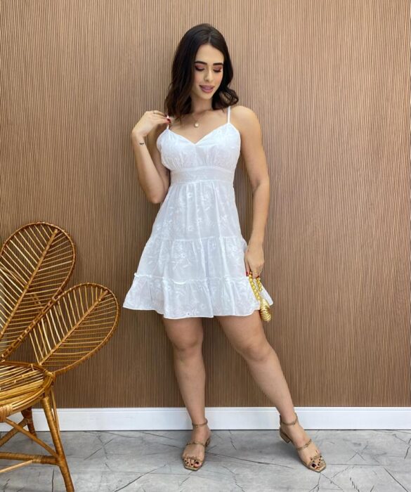 Vestido Feminino Curto sem Bojo com Alça Regulável Bordado Branco - Fernanda Ramos Store