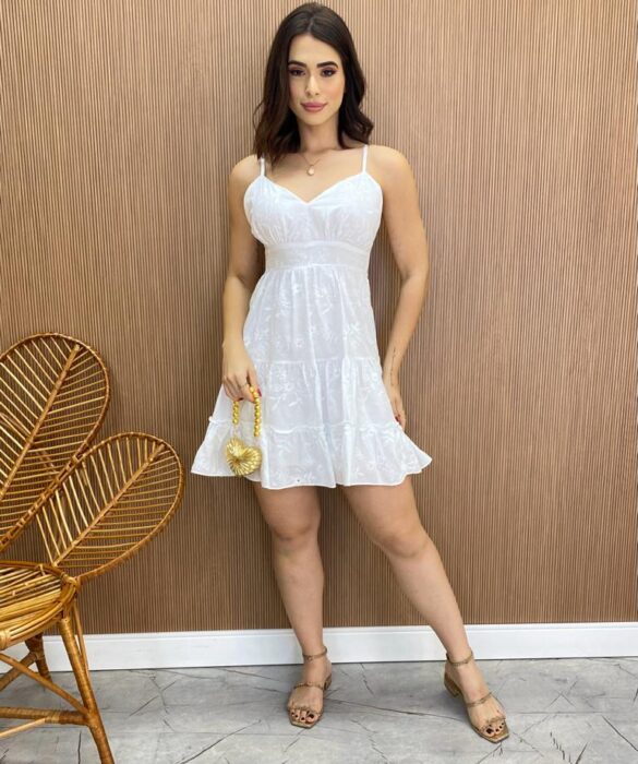 Vestido Feminino Curto sem Bojo com Alça Regulável Bordado Branco - Fernanda Ramos Store