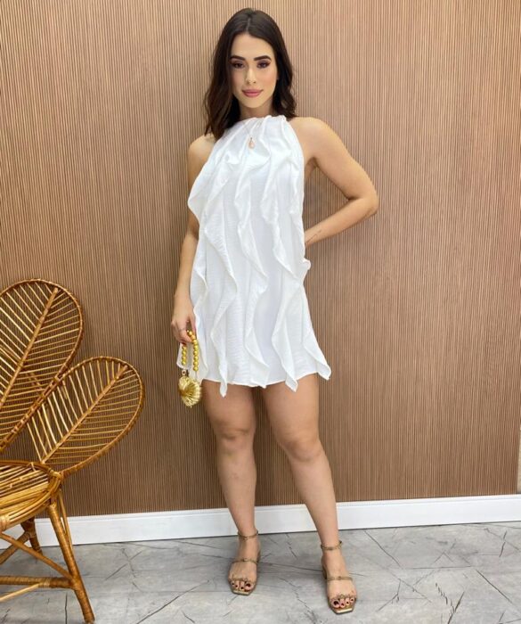 Vestido Feminino Curto Frente Única sem Bojo com Babados Branco - Fernanda Ramos Store