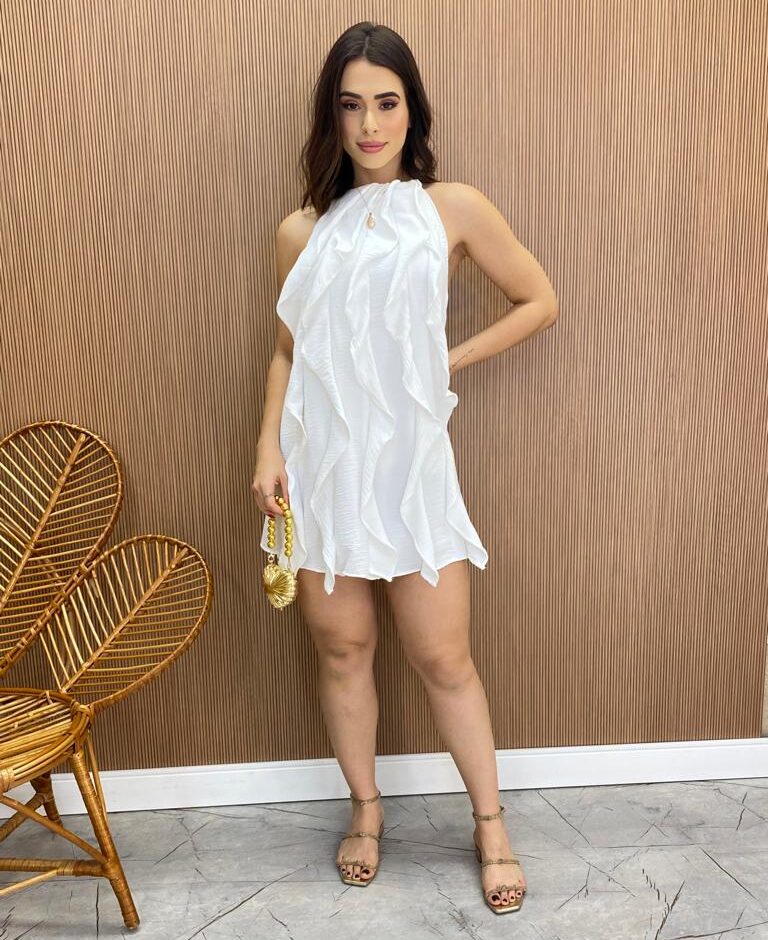 Vestido Feminino Curto Frente Única sem Bojo com Babados Branco - Fernanda Ramos Store