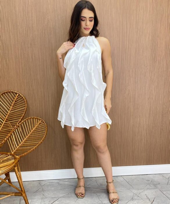 Vestido Feminino Curto Frente Única sem Bojo com Babados Branco - Fernanda Ramos Store