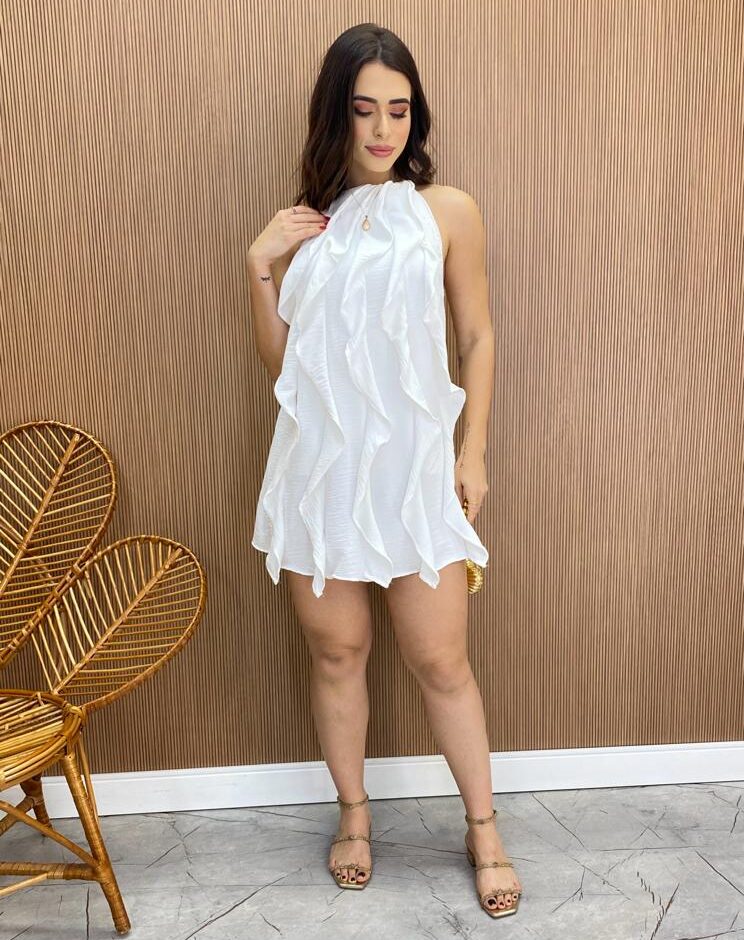 Vestido Feminino Curto Frente Única sem Bojo com Babados Branco - Fernanda Ramos Store