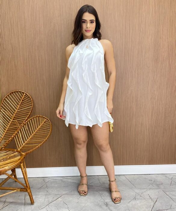 Vestido Feminino Curto Frente Única sem Bojo com Babados Branco - Fernanda Ramos Store