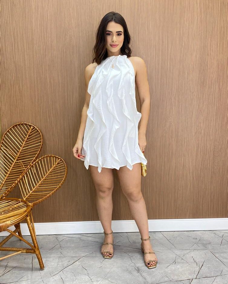Vestido Feminino Curto Frente Única sem Bojo com Babados Branco - Fernanda Ramos Store