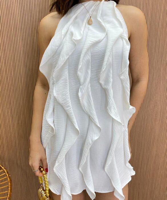 Vestido Feminino Curto Frente Única sem Bojo com Babados Branco - Fernanda Ramos Store