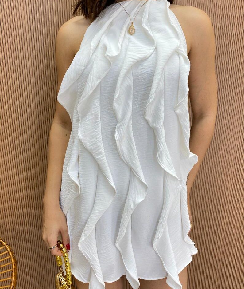 Vestido Feminino Curto Frente Única sem Bojo com Babados Branco - Fernanda Ramos Store