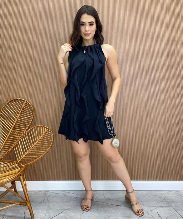 Vestido Feminino Curto Frente Única sem Bojo com Babados Preto - Fernanda Ramos Store