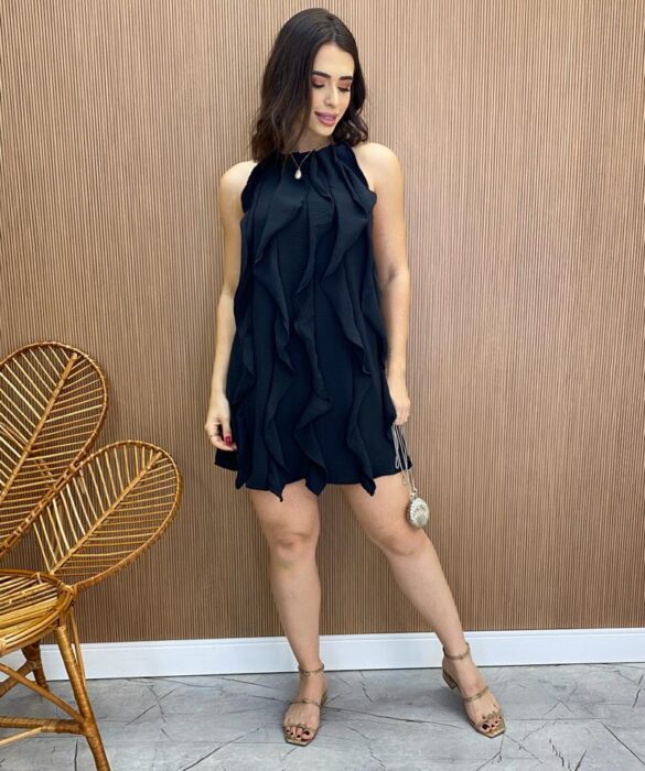 Vestido Feminino Curto Frente Única sem Bojo com Babados Preto - Fernanda Ramos Store