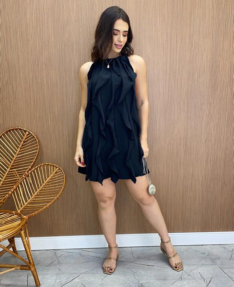Vestido Feminino Curto Frente Única sem Bojo com Babados Preto - Fernanda Ramos Store