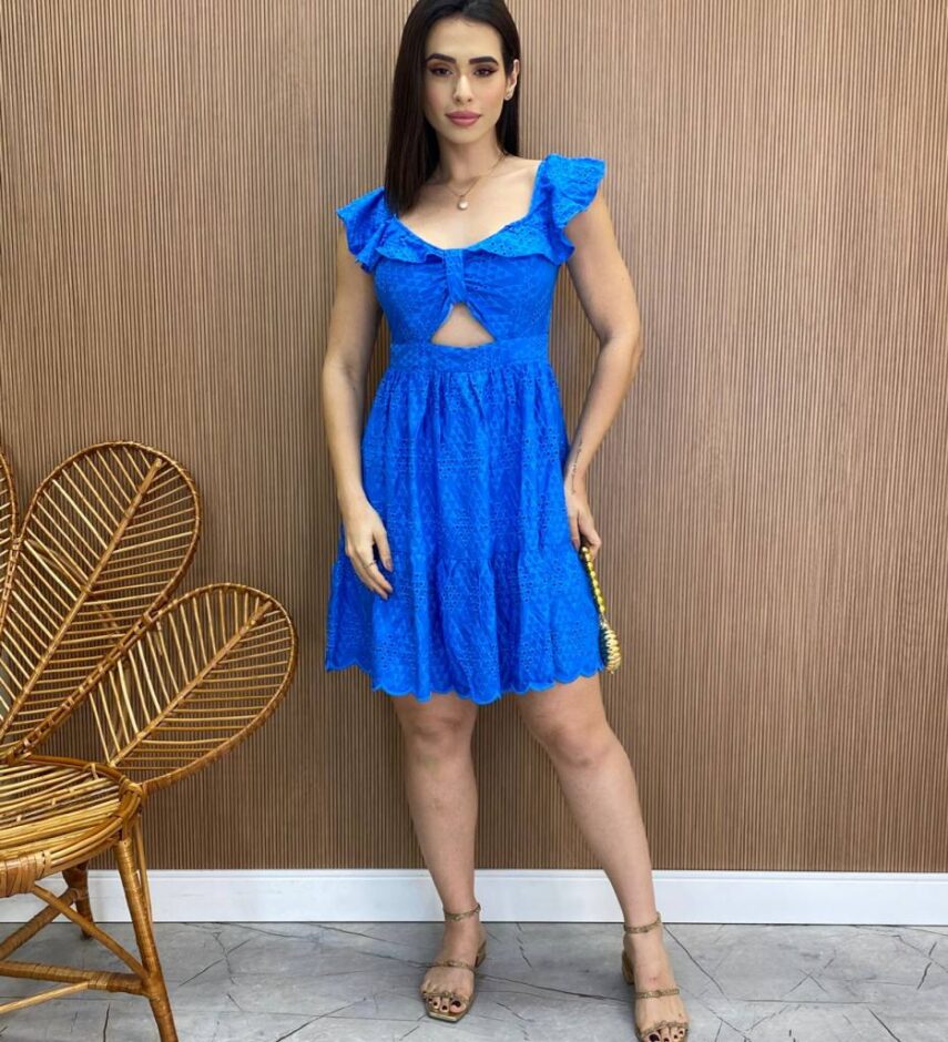 Vestido Feminino Curto Laise com Amarração nas Costas Azul - Fernanda Ramos Store