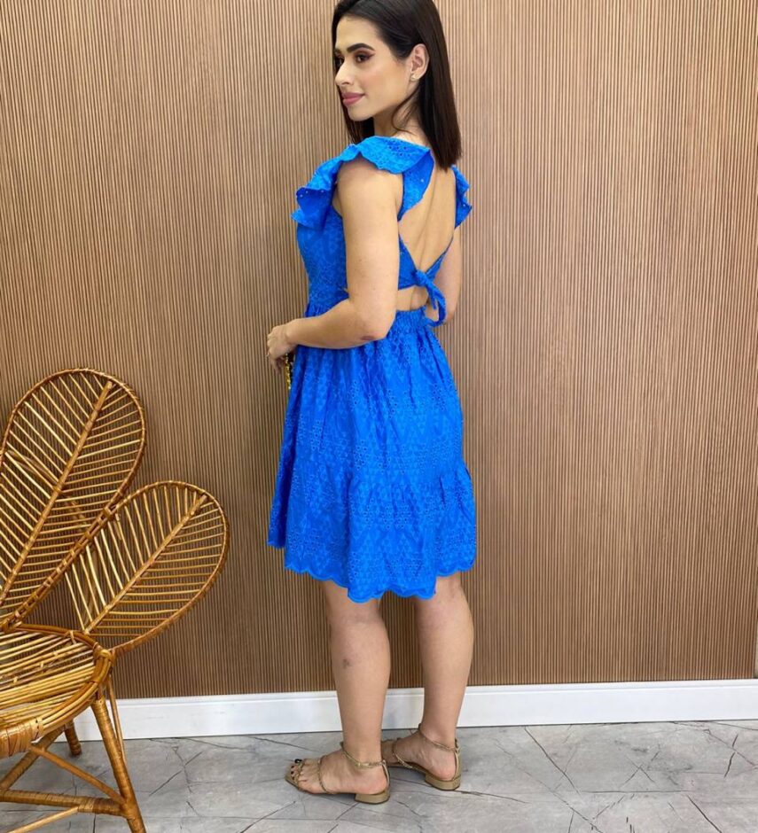 Vestido Feminino Curto Laise com Amarração nas Costas Azul - Fernanda Ramos Store