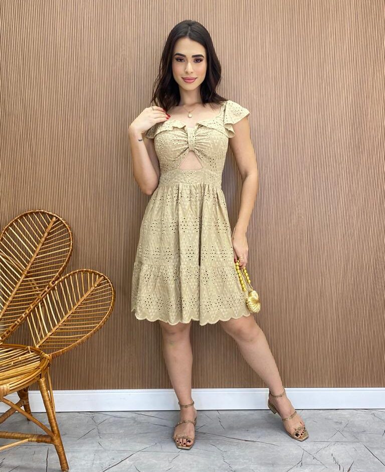 Vestido Feminino Curto Laise com Amarração nas Costas Bege - Fernanda Ramos Store