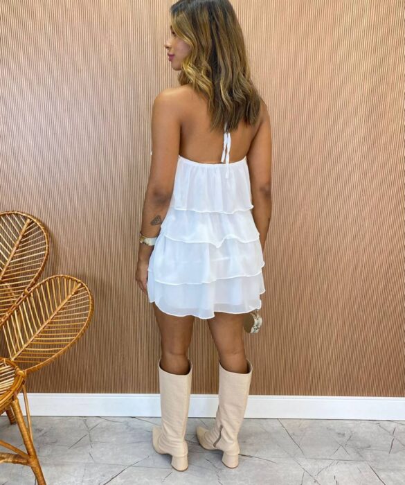 Vestido Feminino Curto sem Bojo Frente Única com Babados Branco - Fernanda Ramos Store