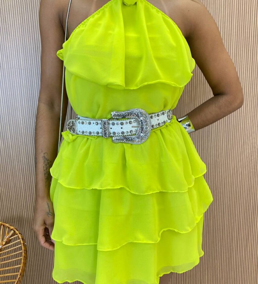 Vestido Feminino Curto sem Bojo Frente Única com Babados Verde Lima - Fernanda Ramos Store
