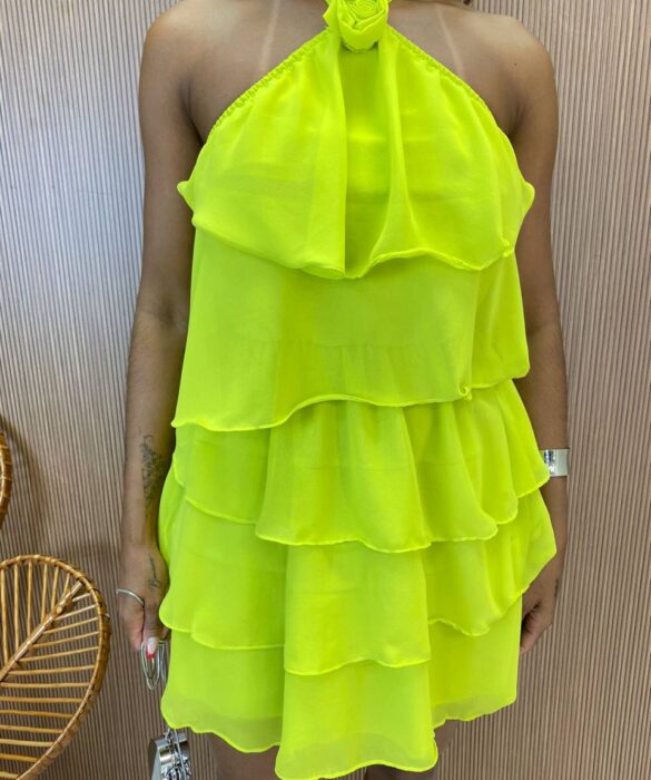 Vestido Feminino Curto sem Bojo Frente Única com Babados Verde Lima - Fernanda Ramos Store