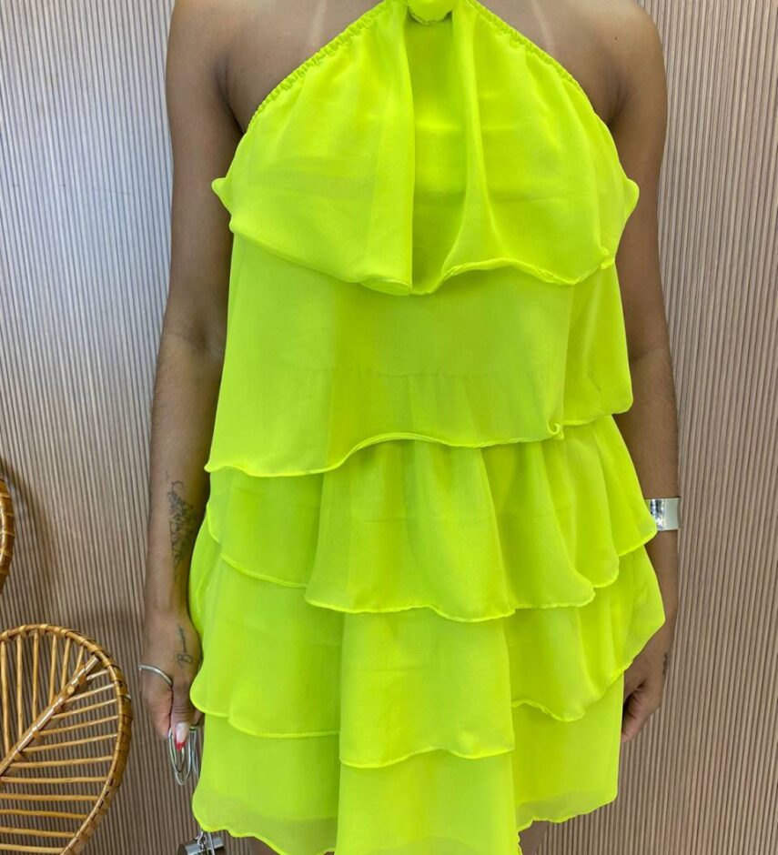 Vestido Feminino Curto sem Bojo Frente Única com Babados Verde Lima - Fernanda Ramos Store