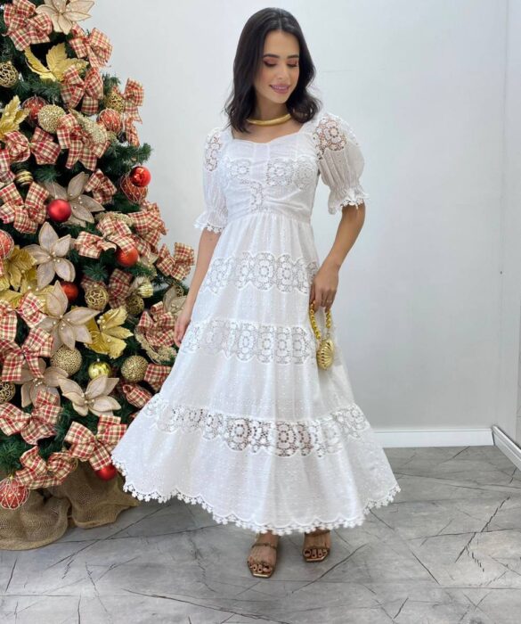 Vestido Fernanda Midi sem Bojo Manga Princesa Bordado Branco - Fernanda Ramos Store